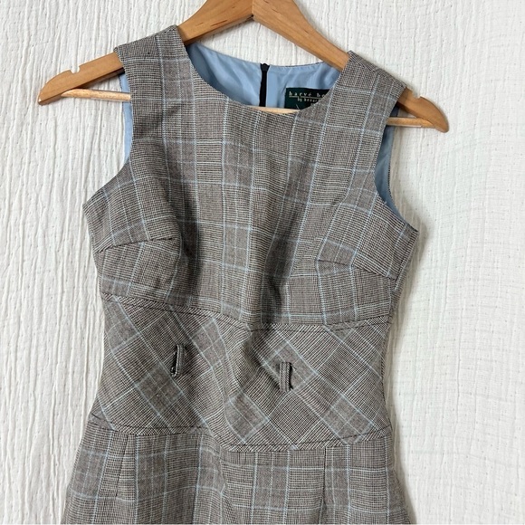 Harve Benard suiting dress mini plaid sleeveless size 2P wool brown blue vintage - Picture 3 of 7